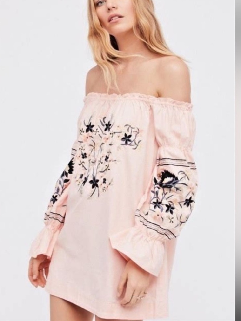 Free People Fleur Du Jour Off-The-Shoulder Pink Floral Embroidered Dress Small